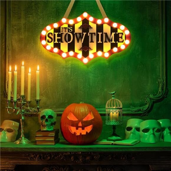 Halloween Door Sign Light Sign Decoration It's Showtime with LED Lights Wooden - Picture 5 of 7